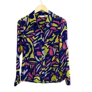 Liz Claiborne Abstract Print Button Down Blouse Sheer Size Small‎